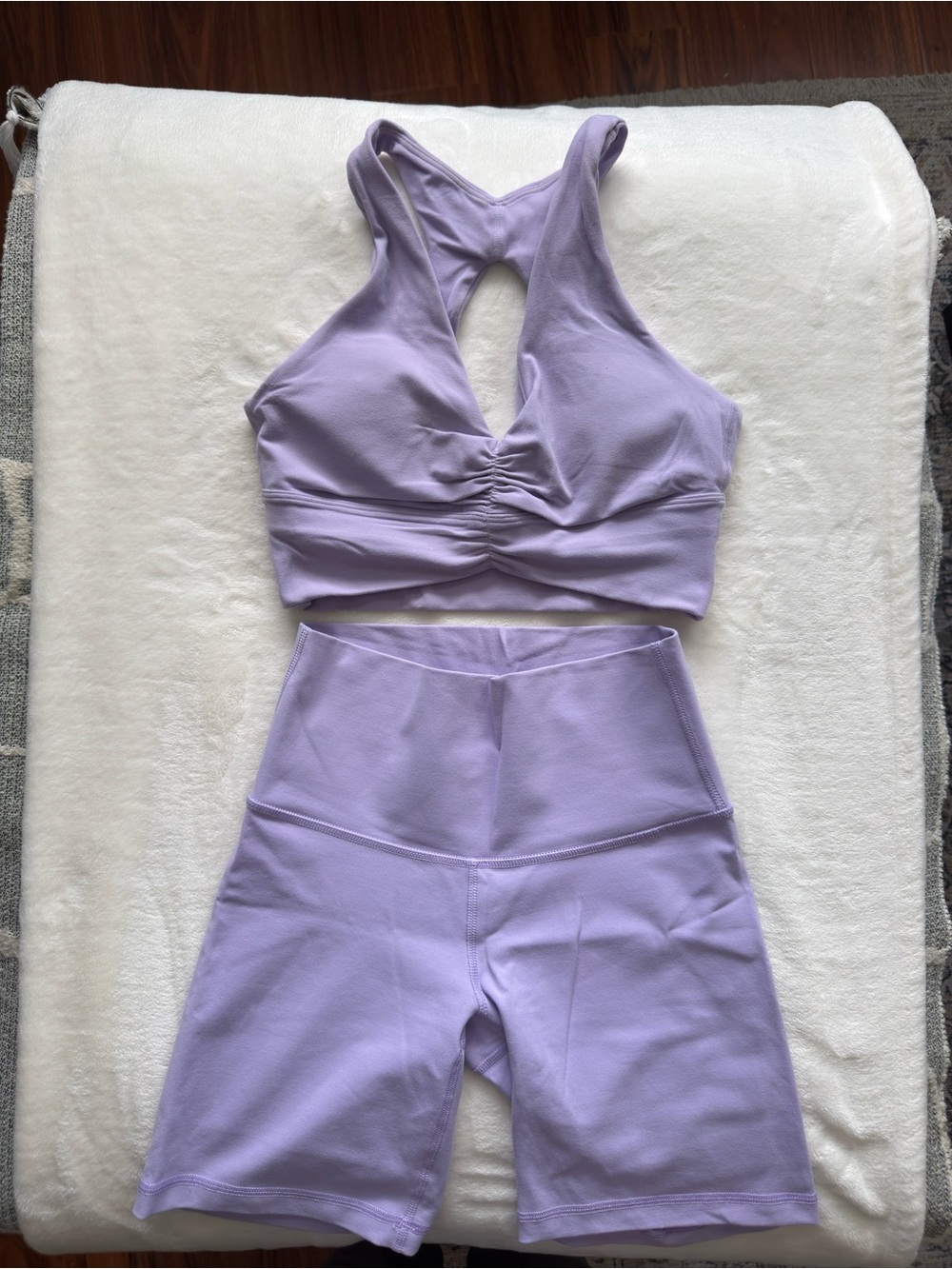 Aritzia Lavender Ruched Racerback Sports Bra & High-Waist Bike Shorts